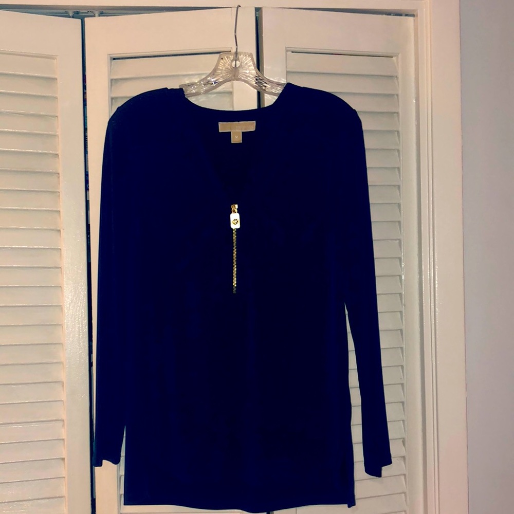 Michael Kors navy blue long sleeve blouse with gold zipper in front, size M